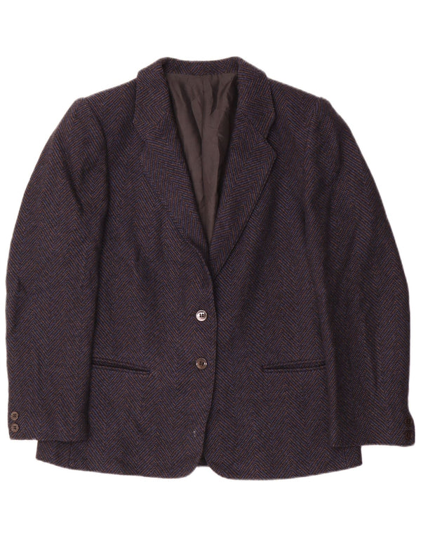 Vintage Womens 2 Button Blazer Jacket UK 14 Medium Navy Blue Chevron Wool