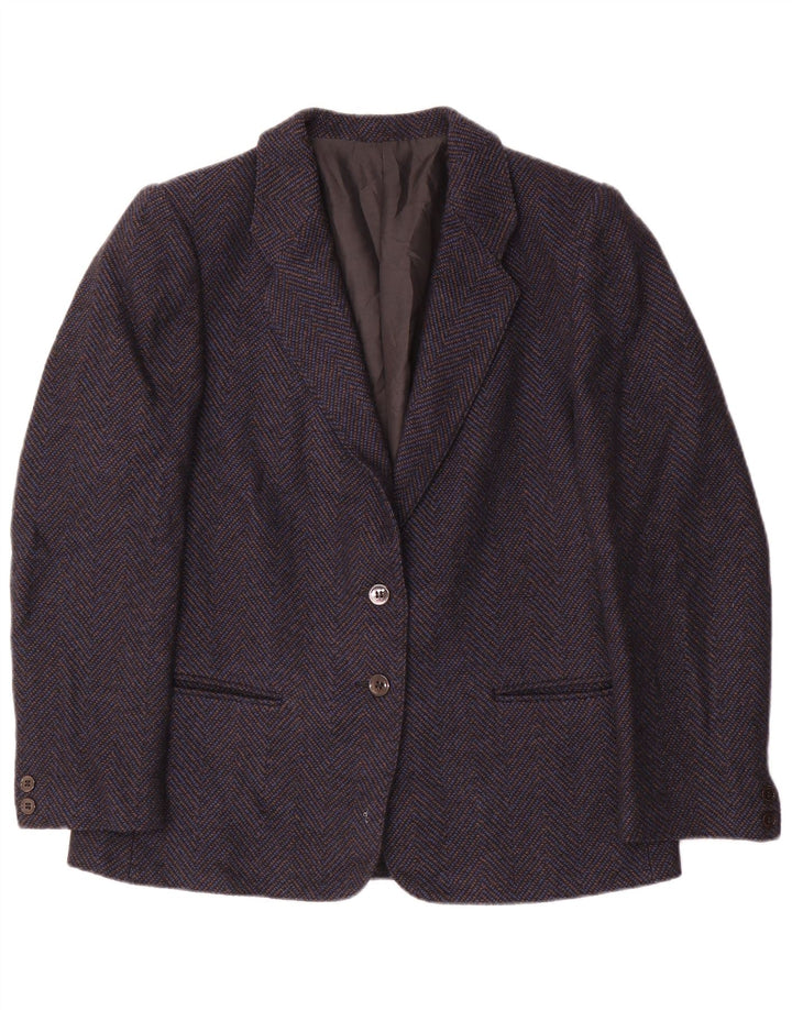 Vintage Womens 2 Button Blazer Jacket UK 14 Medium Navy Blue Chevron Wool
