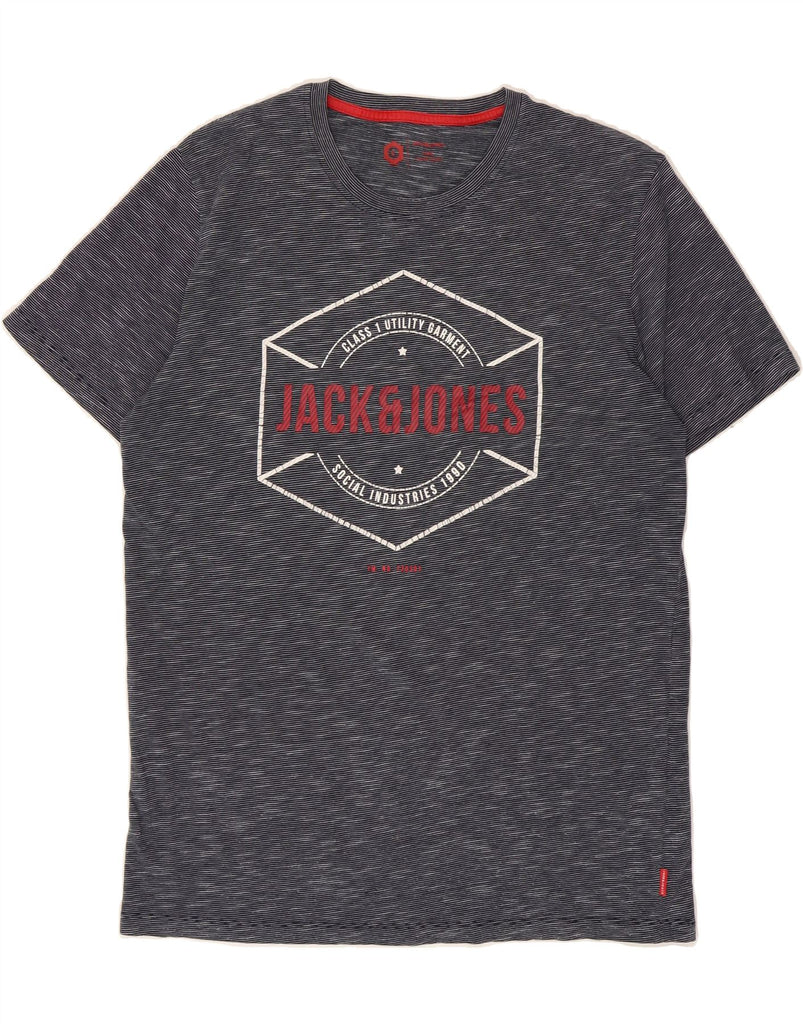 JACK & JONES Mens Graphic T-Shirt Top Large Navy Blue Pinstripe Vintage Jack & Jones and Second-Hand Jack & Jones from Messina Hembry 