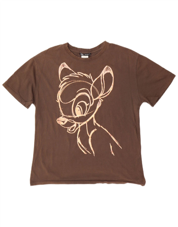 ZARA Womens Graphic T-Shirt Top UK 14 Medium Brown Cotton