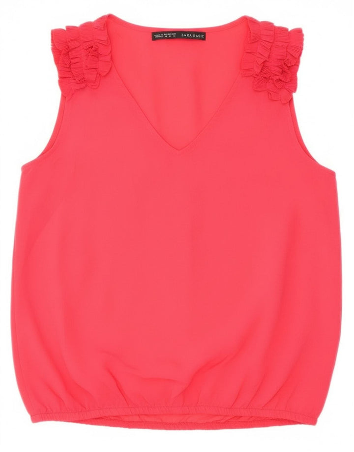 Zara Womens Ruffle Front Sleeveless Blouse Top UK 14 Medium Red