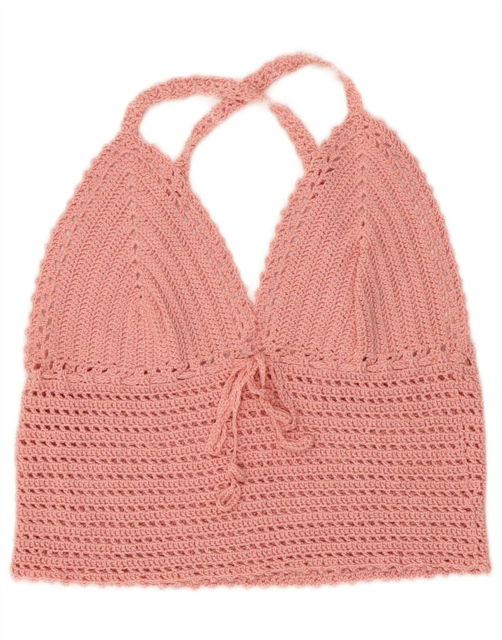 Vintage Womens Crop Crochet Halter Top UK 4 XS Pink