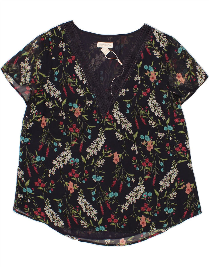 MONSOON Womens Graphic Blouse Top UK 14 Large Black Floral Polyester Vintage Monsoon and Second-Hand Monsoon from Messina Hembry 