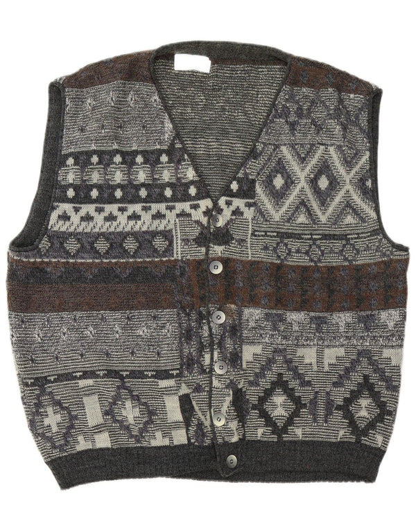 Vintage Mens Sleeveless Cardigan Sweater XL Grey Geometric