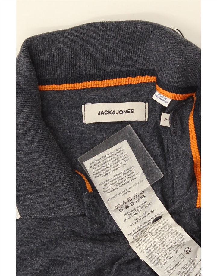 JACK & JONES Mens Polo Shirt Large Grey Striped Cotton