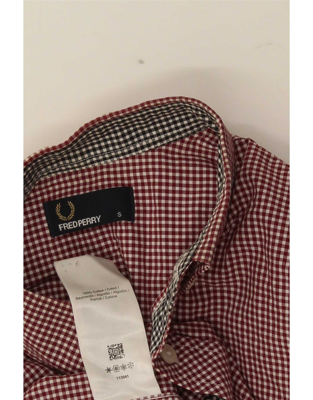 Fred Perry Mens Shirt Small Burgundy Gingham Cotton