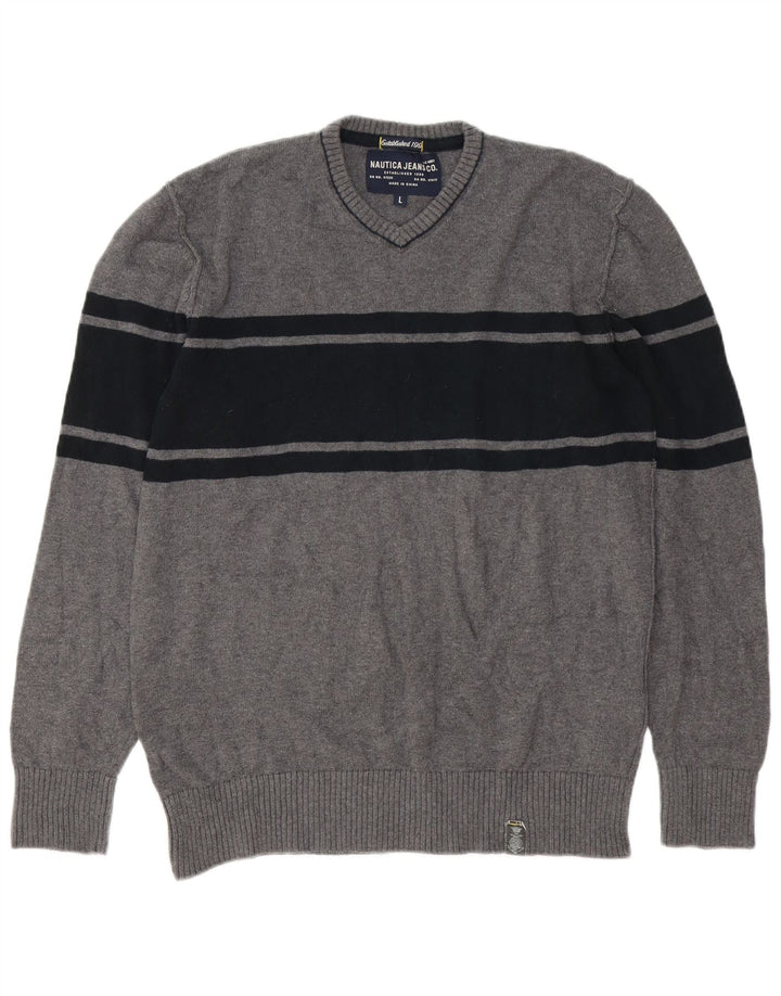 Nautica Mens V-Neck Jumper Sweater Large Grey Cotton