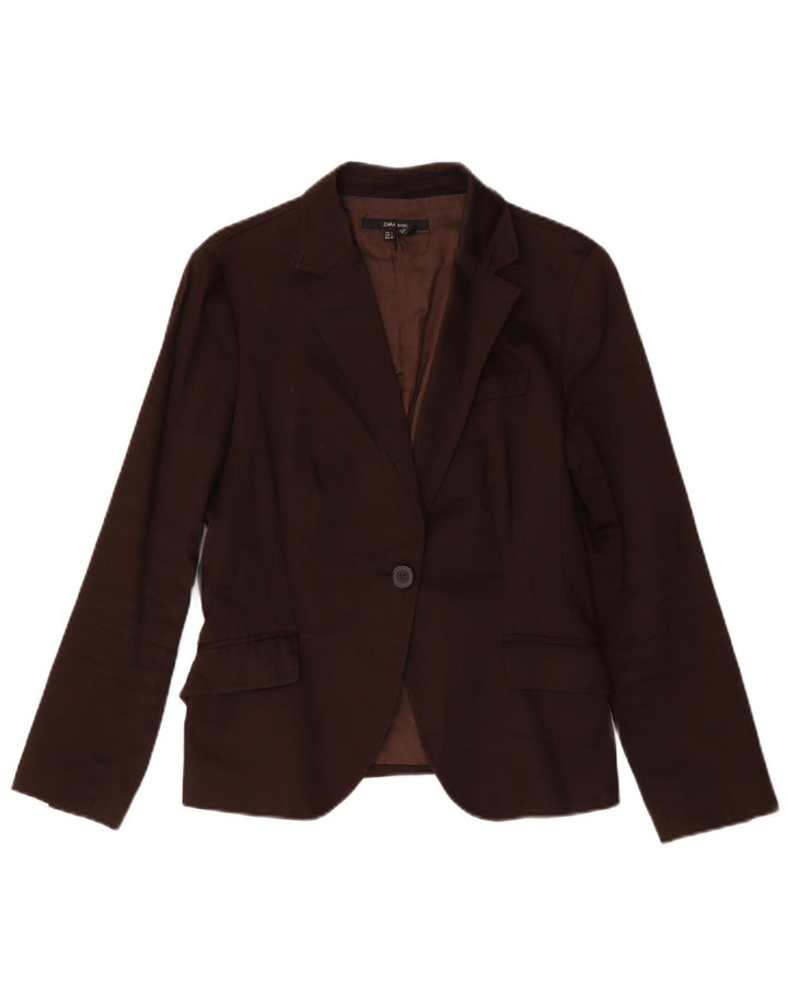 Zara Womens 1 Button Blazer Jacket UK 14 Large Brown Cotton