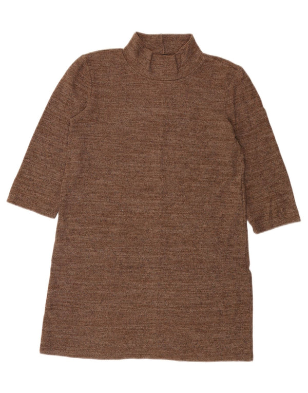 Zara Womens 3/4 Sleeve Jumper Dress UK 10 Small Brown Flecked Cotton