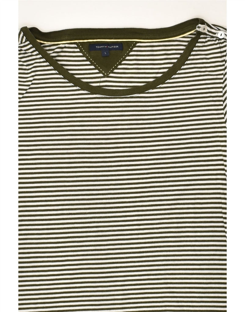 TOMMY HILFIGER Womens T-Shirt Top UK 14 Large Green Striped Cotton | Vintage Tommy Hilfiger | Thrift | Second-Hand Tommy Hilfiger | Used Clothing | Messina Hembry 