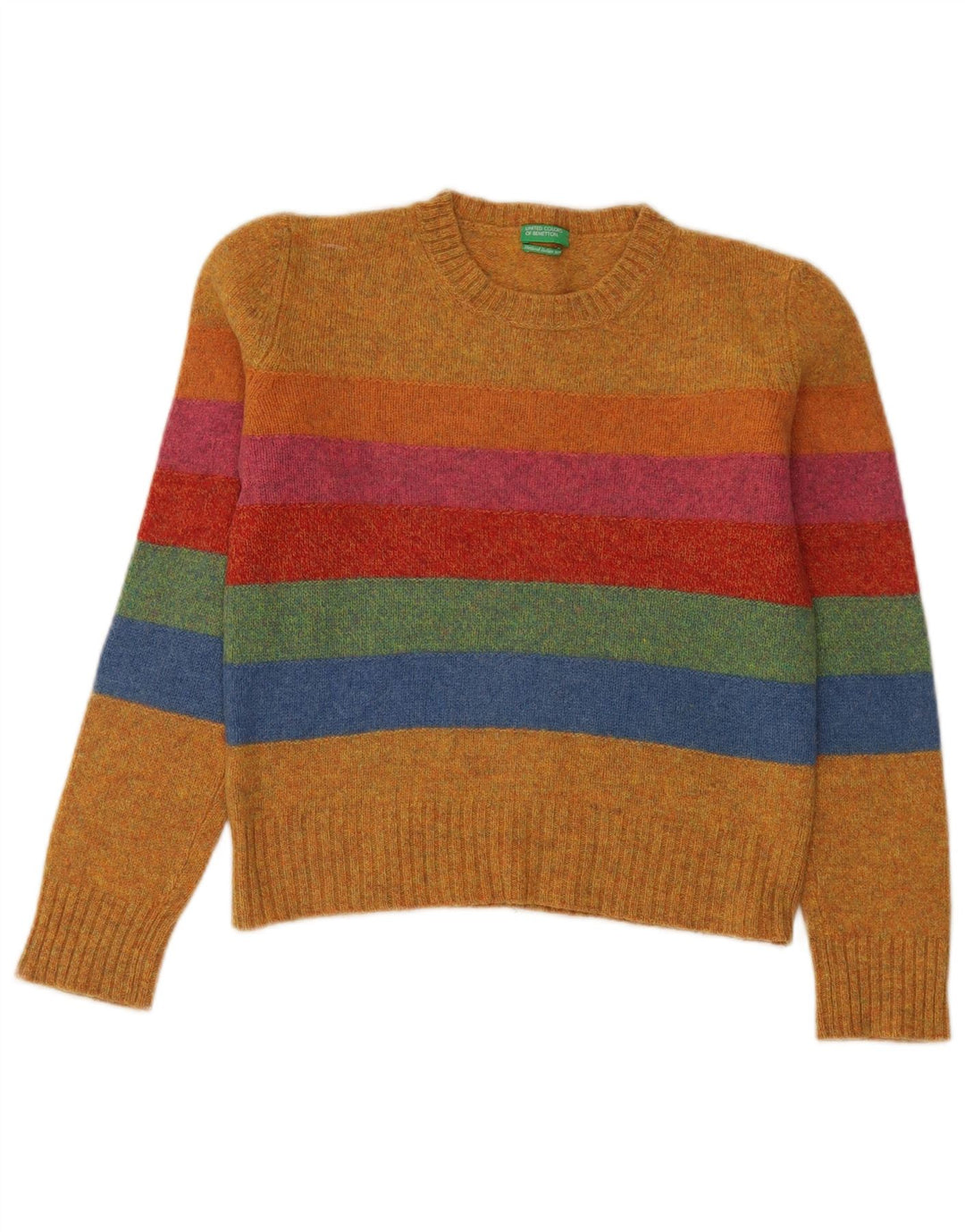 Benetton Womens Crew Neck Jumper Sweater UK 14 Medium Yellow Striped