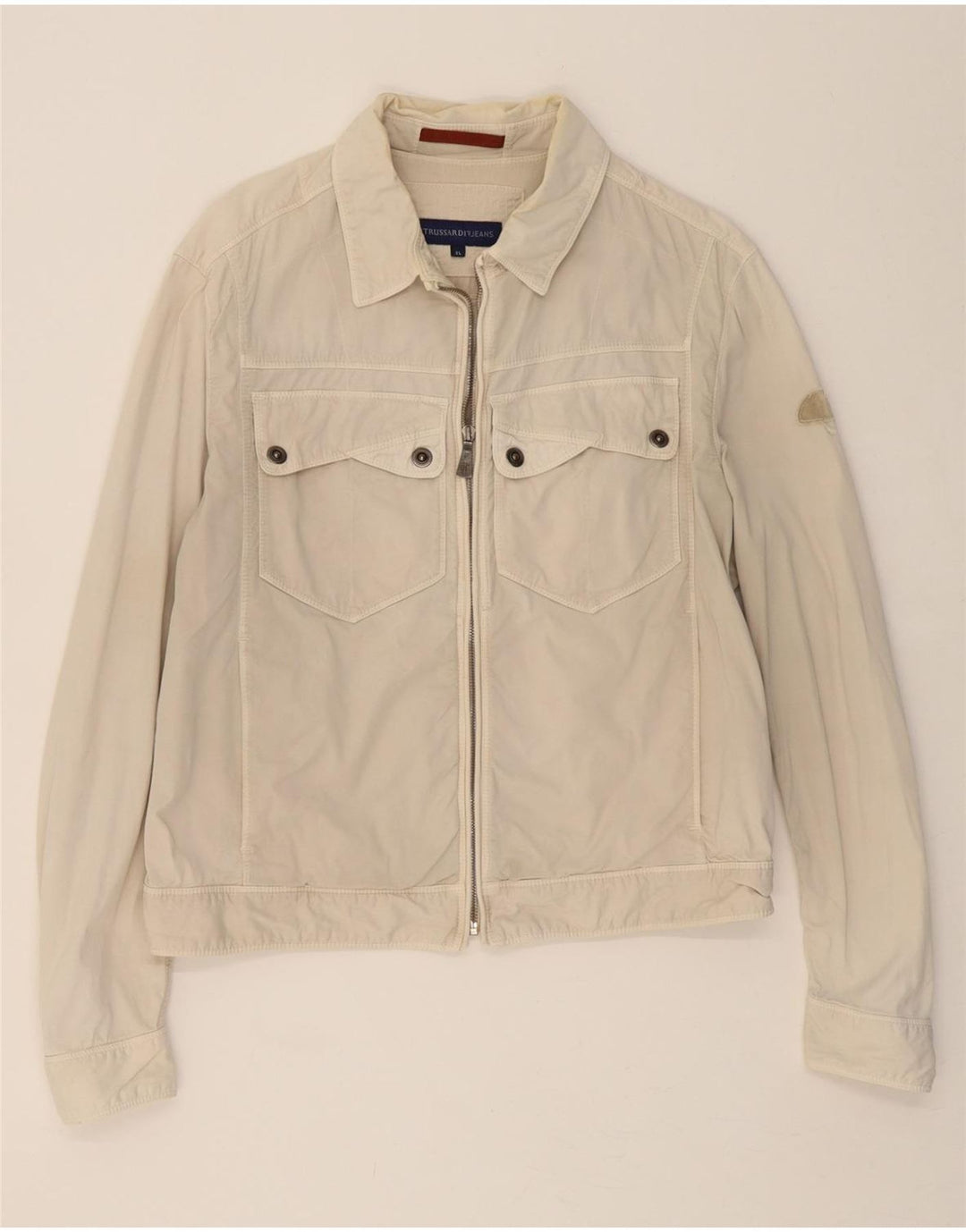 TRUSSARDI JEANS Womens Utility Jacket UK 18 XL Beige Cotton Vintage Trussardi Jeans and Second-Hand Trussardi Jeans from Messina Hembry 