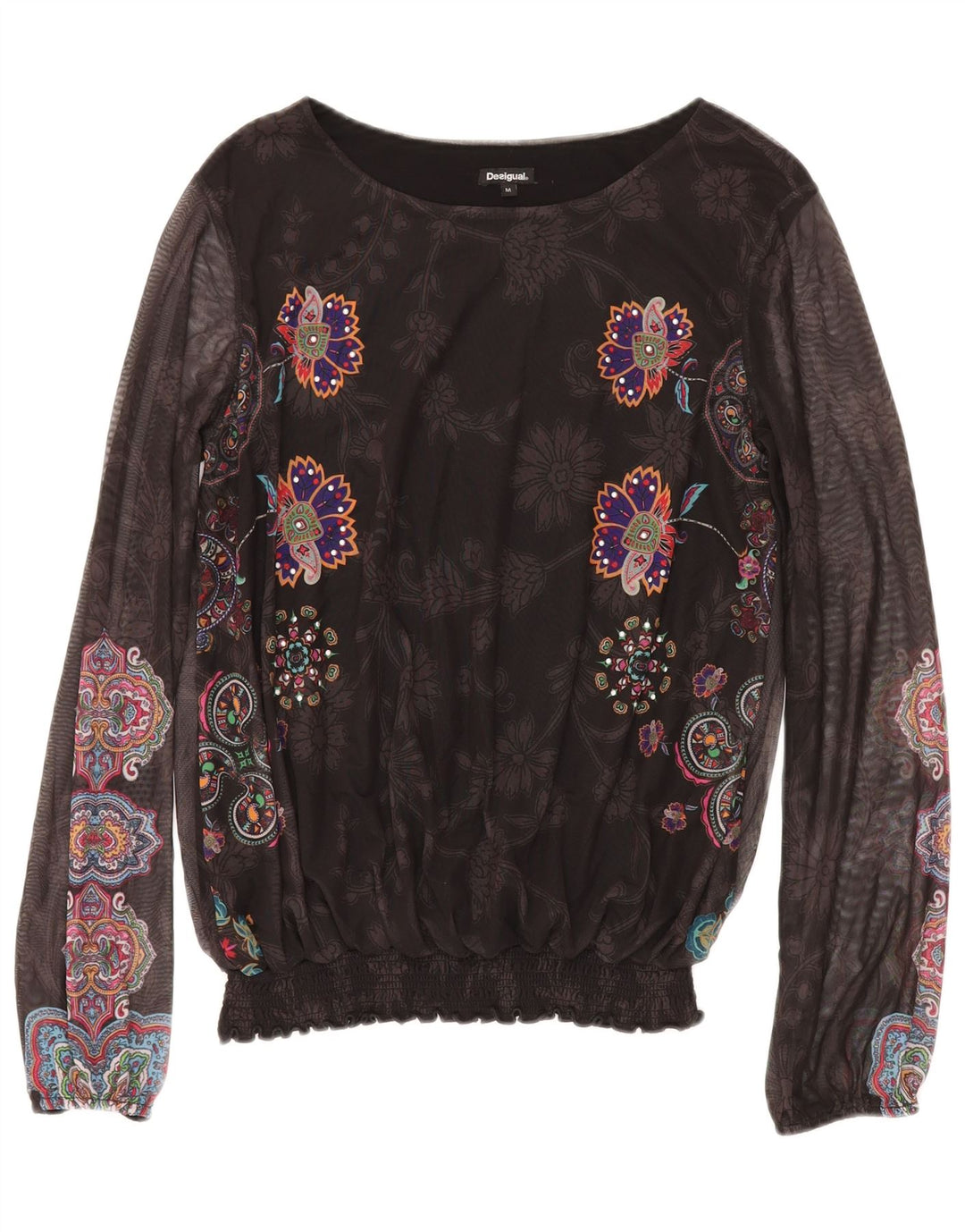 DESIGUAL Womens Long Sleeve Blouse Top UK 12 Medium Black Floral