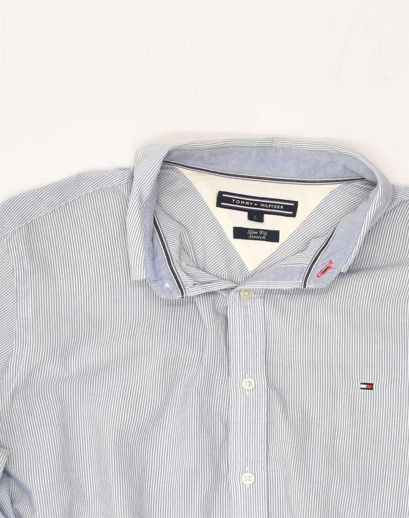 TOMMY HILFIGER Mens Stretch Slim Fit Shirt Large Navy Blue Striped Cotton | Vintage Tommy Hilfiger | Thrift | Second-Hand Tommy Hilfiger | Used Clothing | Messina Hembry 