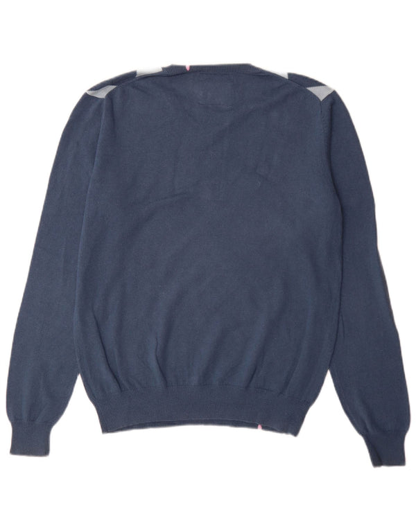 Sun68 Mens V-Neck Jumper Sweater Medium Blue Argyle/Diamond Cotton
