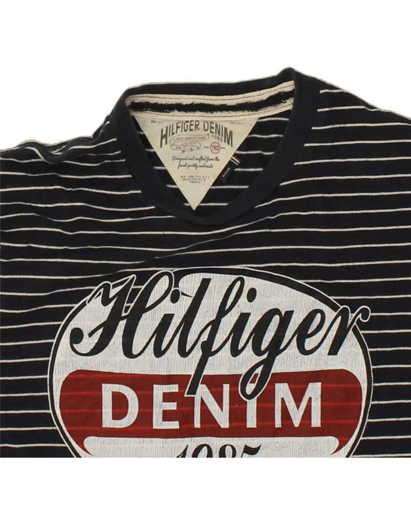 TOMMY HILFIGER Mens Graphic T-Shirt Top Medium Navy Blue Striped Cotton Vintage Tommy Hilfiger and Second-Hand Tommy Hilfiger from Messina Hembry 