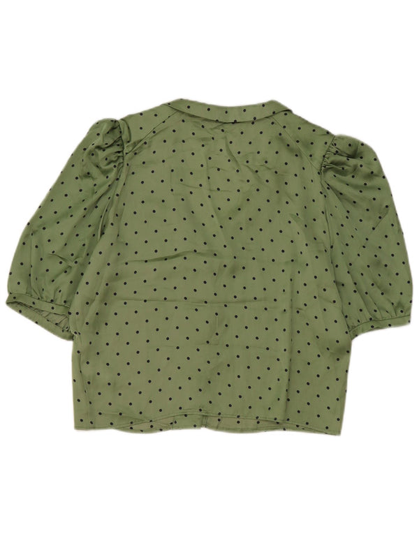 Zara Womens Crop Short Sleeve Shirt Blouse UK 14 Medium Green Polka Dot