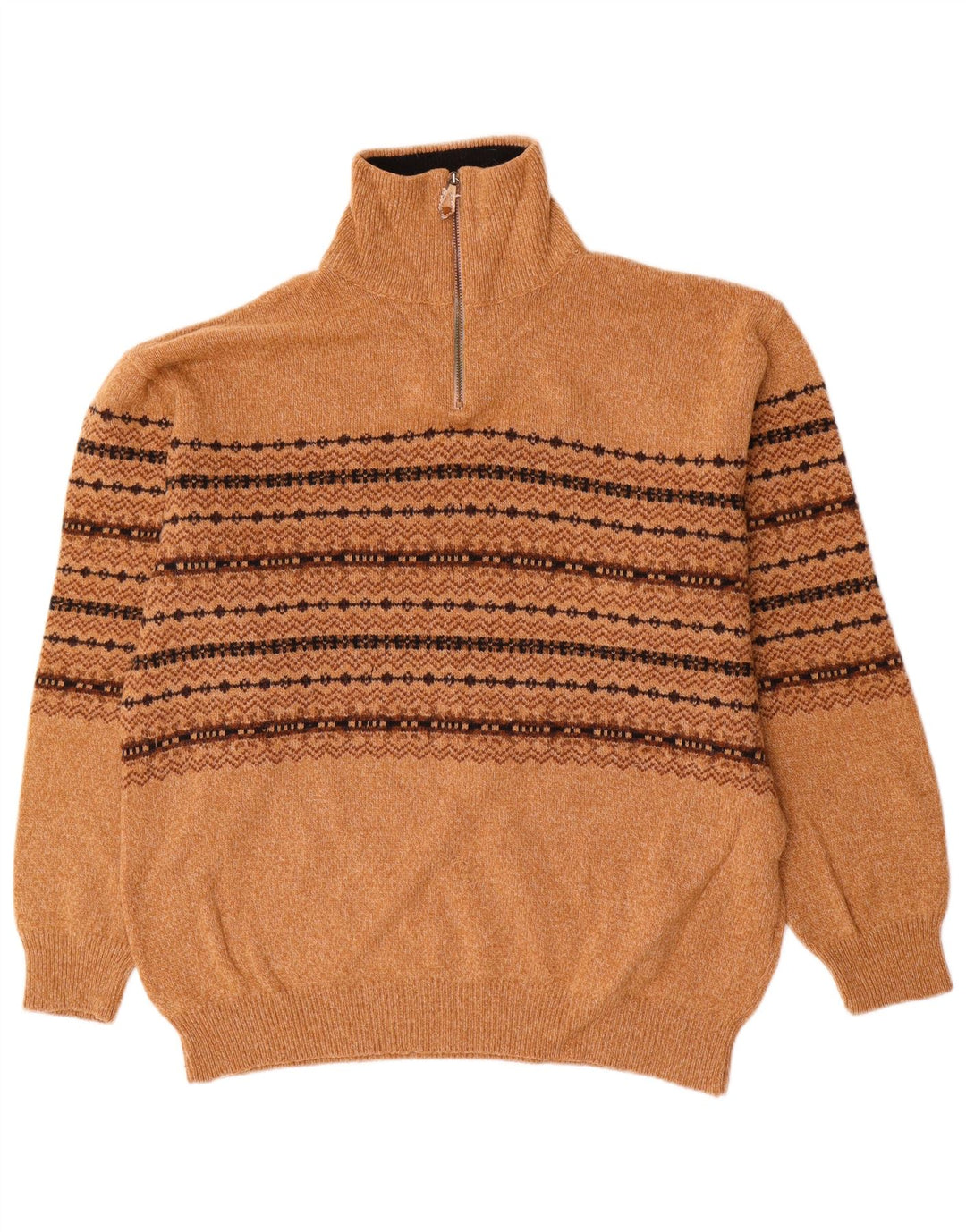 Equipe Mens Zip Neck Jumper Sweater IT 54 XL Brown Fair Isle Wool