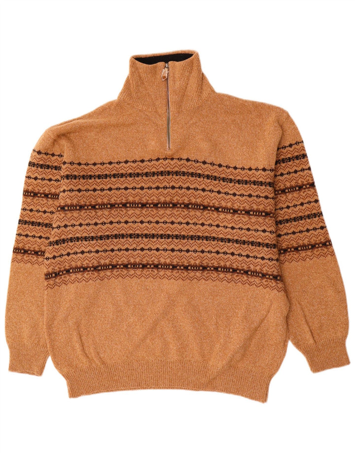 Equipe Mens Zip Neck Jumper Sweater IT 54 XL Brown Fair Isle Wool