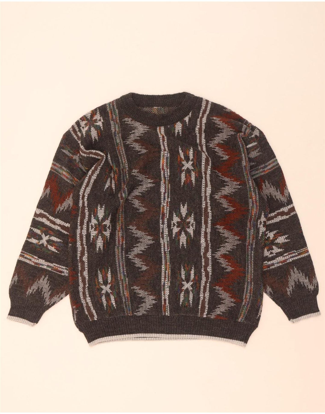 Vintage Mens Crew Neck Jumper Sweater Medium Grey Geometric