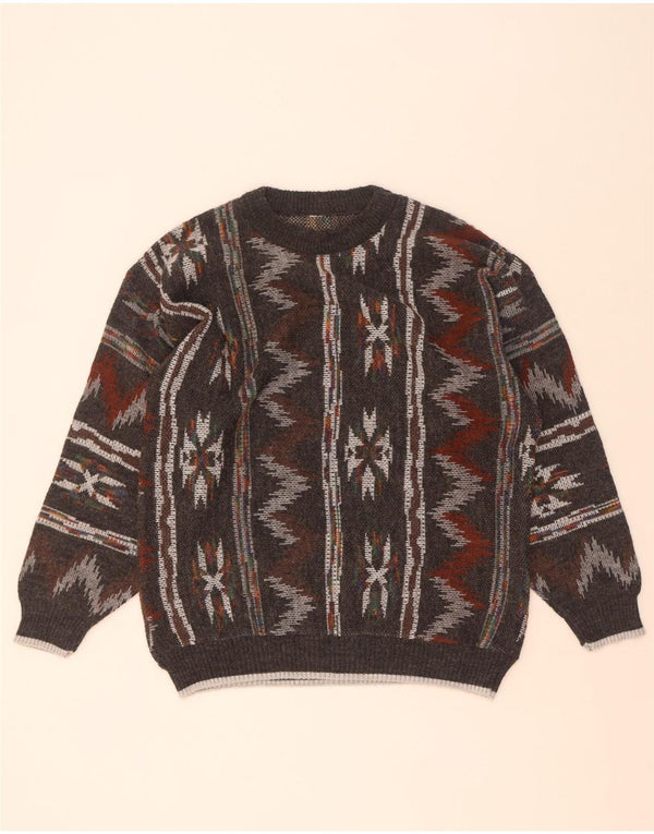 Vintage Mens Crew Neck Jumper Sweater Medium Grey Geometric