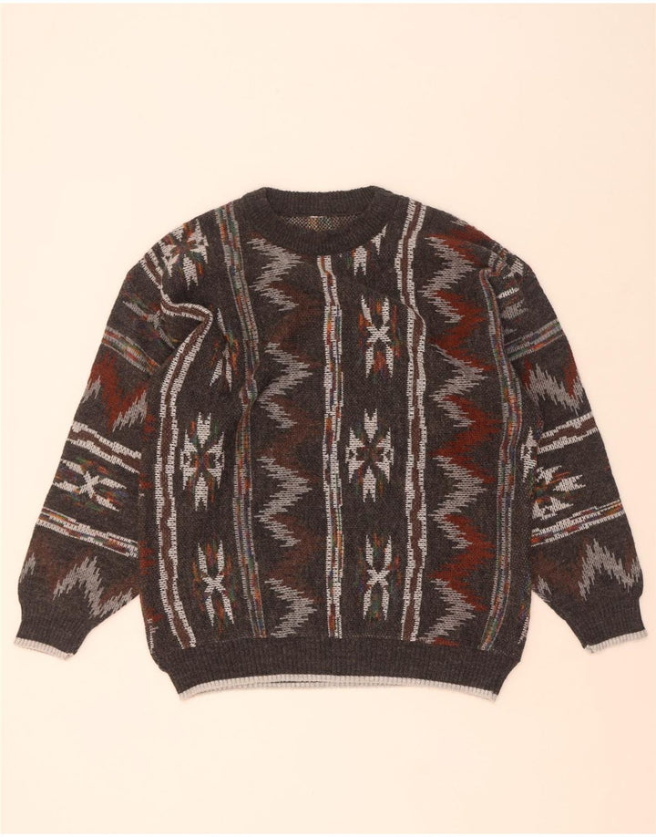 Vintage Mens Crew Neck Jumper Sweater Medium Grey Geometric