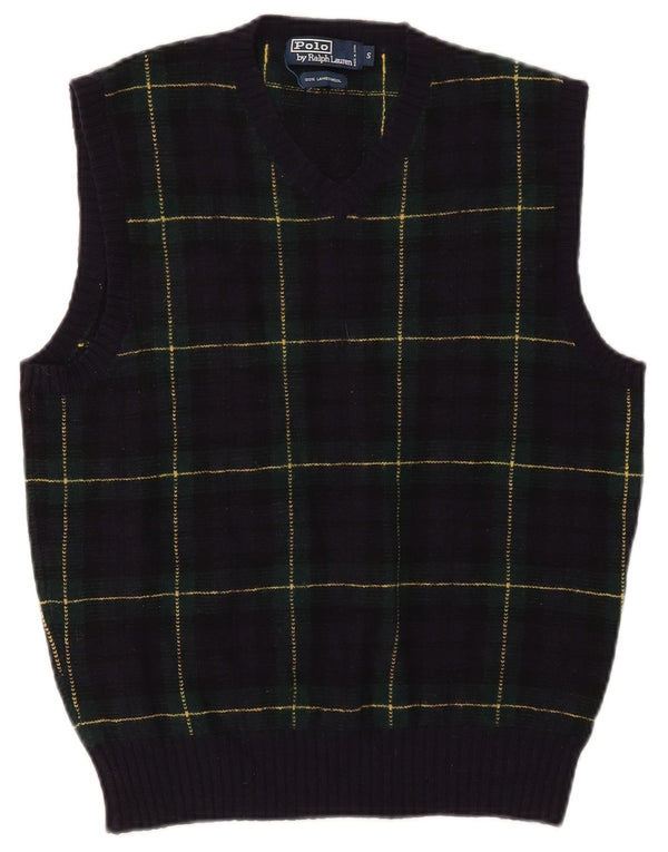 Polo Ralph Lauren Mens Vest Tank Top Small Navy Blue Check Lambswool