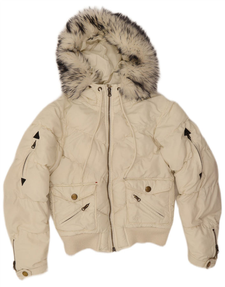 Lee Womens Hooded Bomber Padded Jacket UK 10 Small Off White Polyester