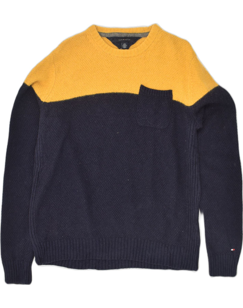 TOMMY HILFIGER Mens Crew Neck Jumper Sweater Large Navy Blue Colourblock | Vintage Tommy Hilfiger | Thrift | Second-Hand Tommy Hilfiger | Used Clothing | Messina Hembry 