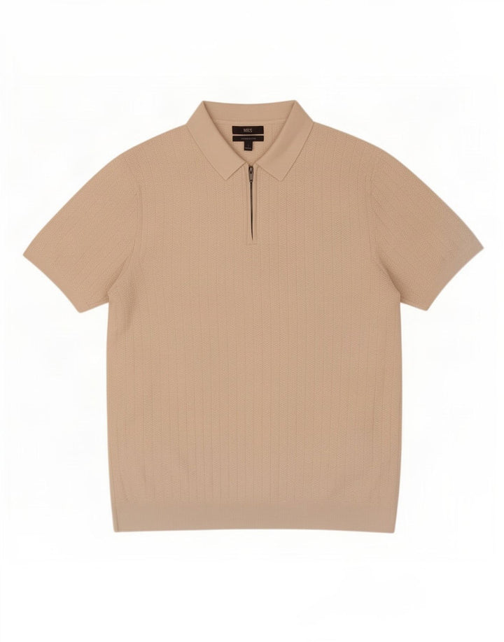 Marks & Spencer Mens Polo Shirt Large Beige Herringbone Cotton