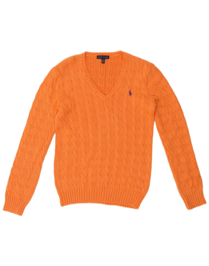 RALPH LAUREN Womens V-Neck Jumper Sweater UK 14 Large Orange Cotton