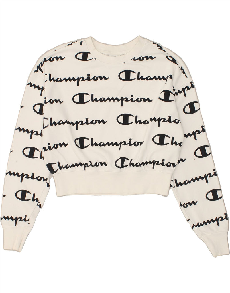 CHAMPION Womens Crop Sweatshirt Jumper UK 10 Small White Cotton | Vintage Champion | Thrift | Second-Hand Champion | Used Clothing | Messina Hembry 