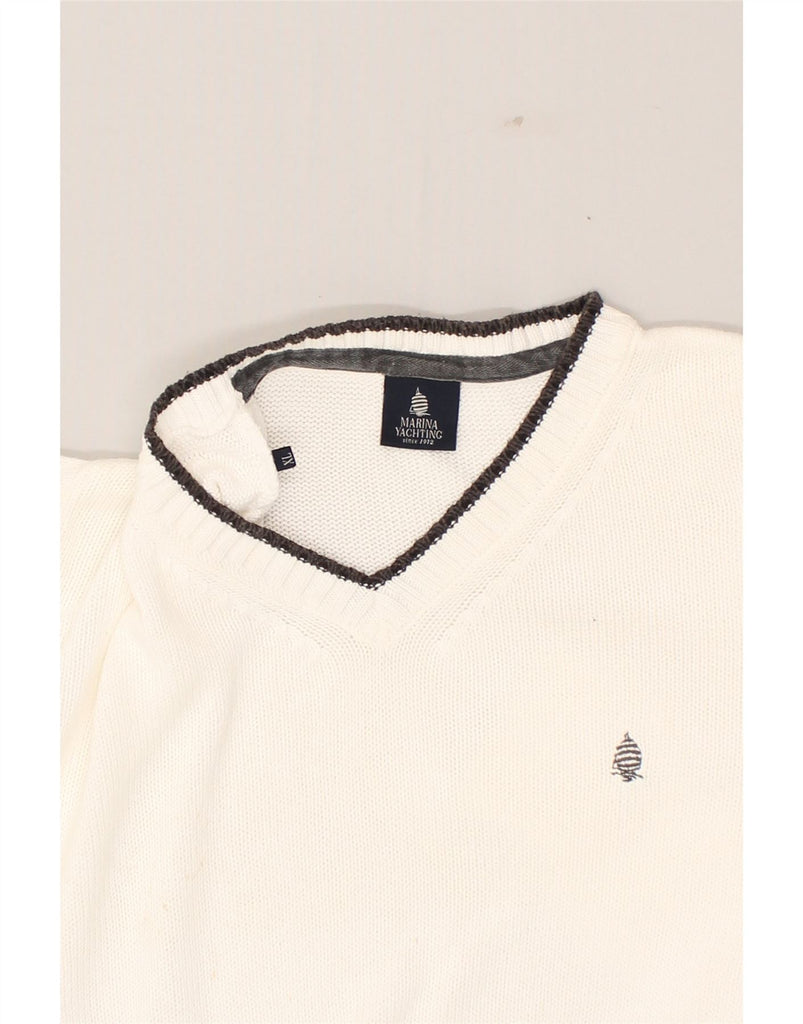 MARINA YACHTING Mens V-Neck Jumper Sweater XL Off White Cotton | Vintage Marina Yachting | Thrift | Second-Hand Marina Yachting | Used Clothing | Messina Hembry 