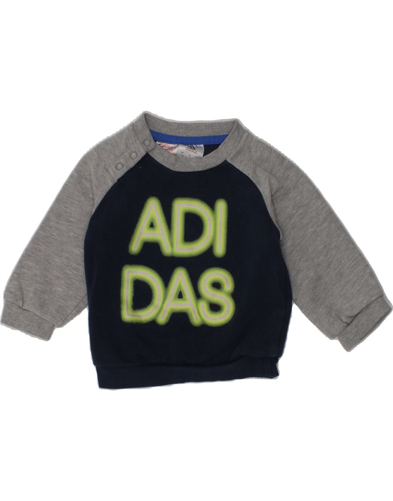 ADIDAS Baby Boys Graphic Sweatshirt Jumper 3-6 Months Navy Blue | Vintage Adidas | Thrift | Second-Hand Adidas | Used Clothing | Messina Hembry 