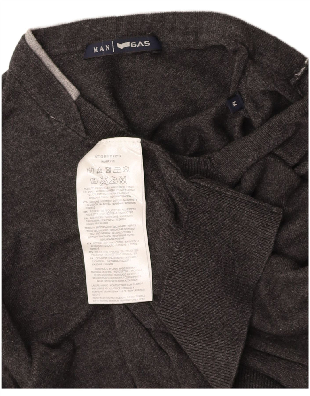 GAS Mens V-Neck Jumper Sweater Medium Grey Cotton