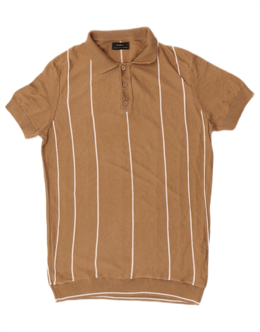 Zara Mens Short Sleeve Polo Neck Jumper Sweater Medium Brown Striped
