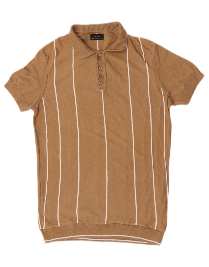 Zara Mens Short Sleeve Polo Neck Jumper Sweater Medium Brown Striped