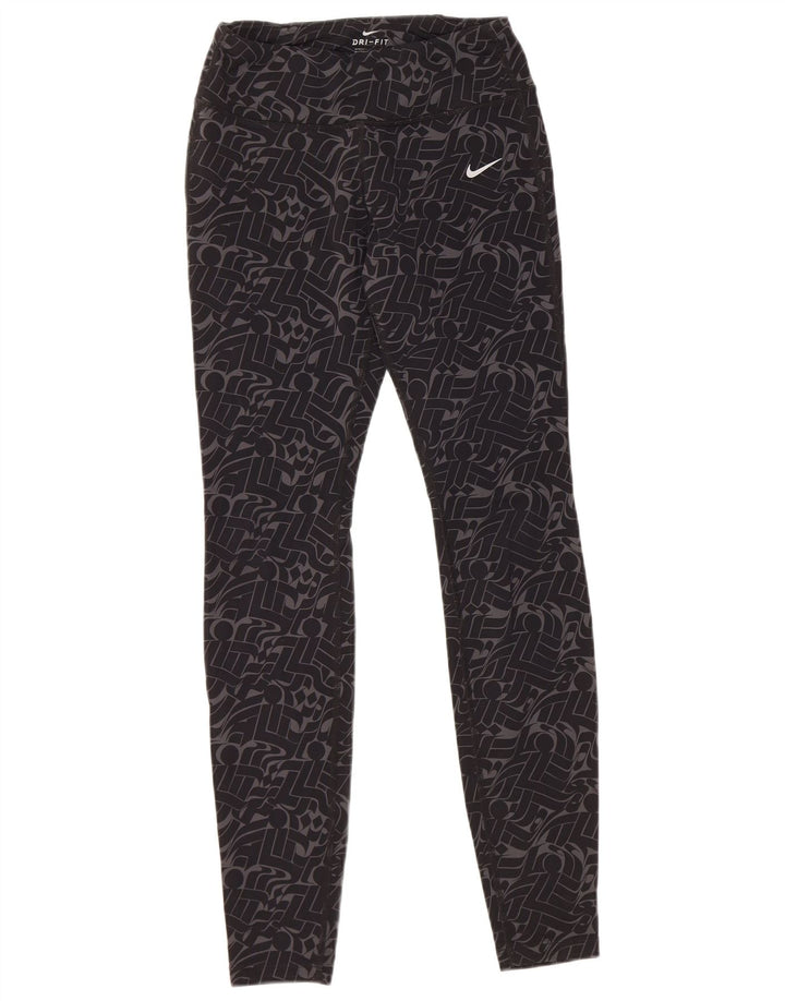 NIKE Womens Dri Fit Leggings UK 8 Small  Black Geometric Nylon