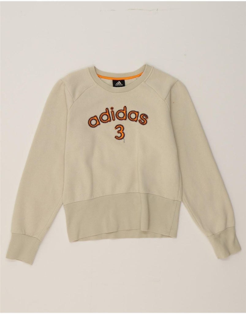 ADIDAS Girls Graphic Sweatshirt Jumper 13-14 Years Off White Cotton Vintage Adidas and Second-Hand Adidas from Messina Hembry 
