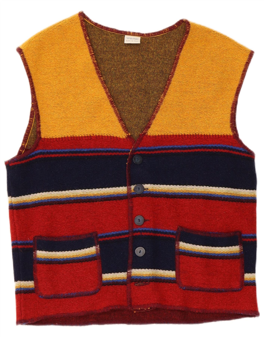 Benetton Mens Sleeveless Cardigan Sweater Small Multicoloured Striped Wool