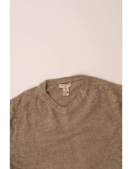 DOCKERS Mens V-Neck Jumper Sweater Large Beige Acrylic Vintage
