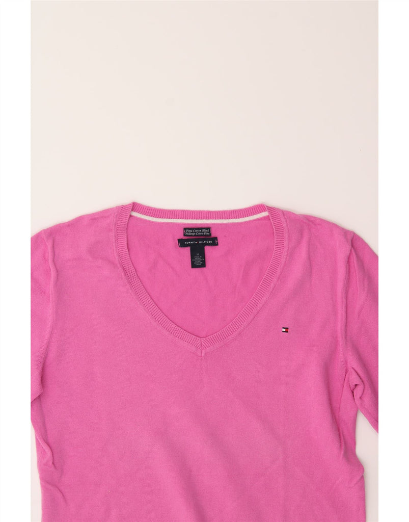 TOMMY HILFIGER Womens V-Neck Jumper Sweater UK 14 Medium Pink Cotton Vintage Tommy Hilfiger and Second-Hand Tommy Hilfiger from Messina Hembry 