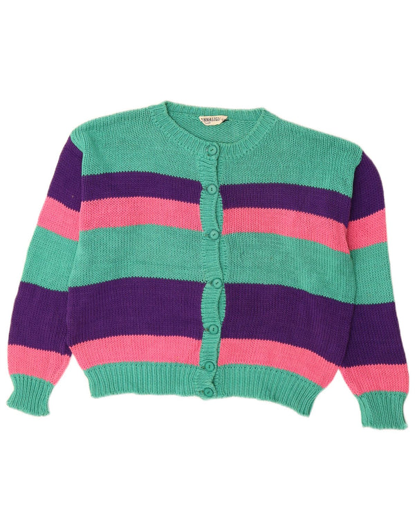 Vintage Womens Crop Cardigan Sweater UK 16 Large Green Striped Cotton