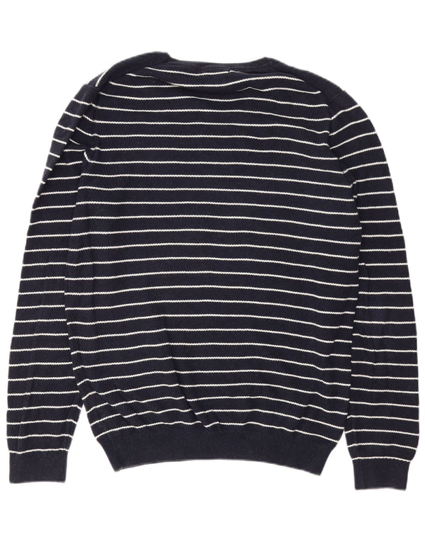 Massimo Dutti Mens Crew Neck Jumper Sweater Large Navy Blue Striped Cotton