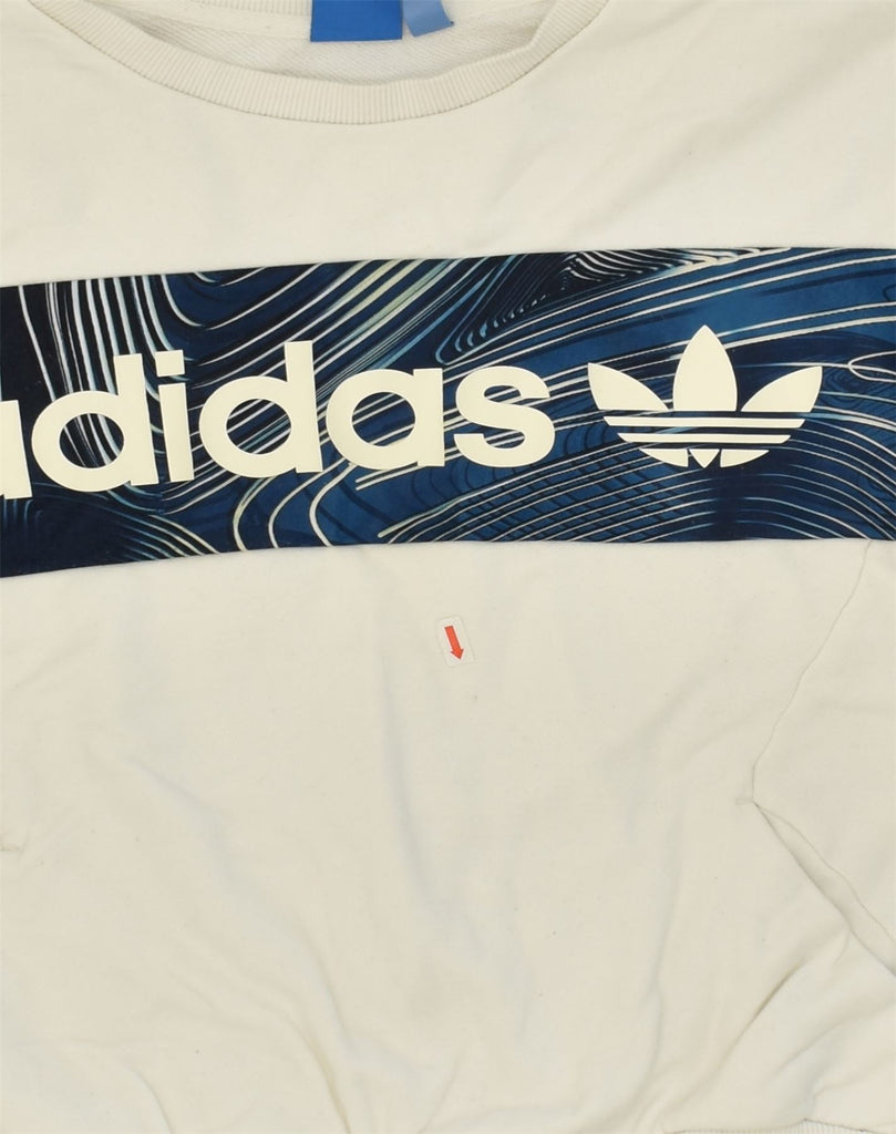 ADIDAS Womens Oversized Graphic Sweatshirt Jumper UK 4 XS White Cotton | Vintage Adidas | Thrift | Second-Hand Adidas | Used Clothing | Messina Hembry 