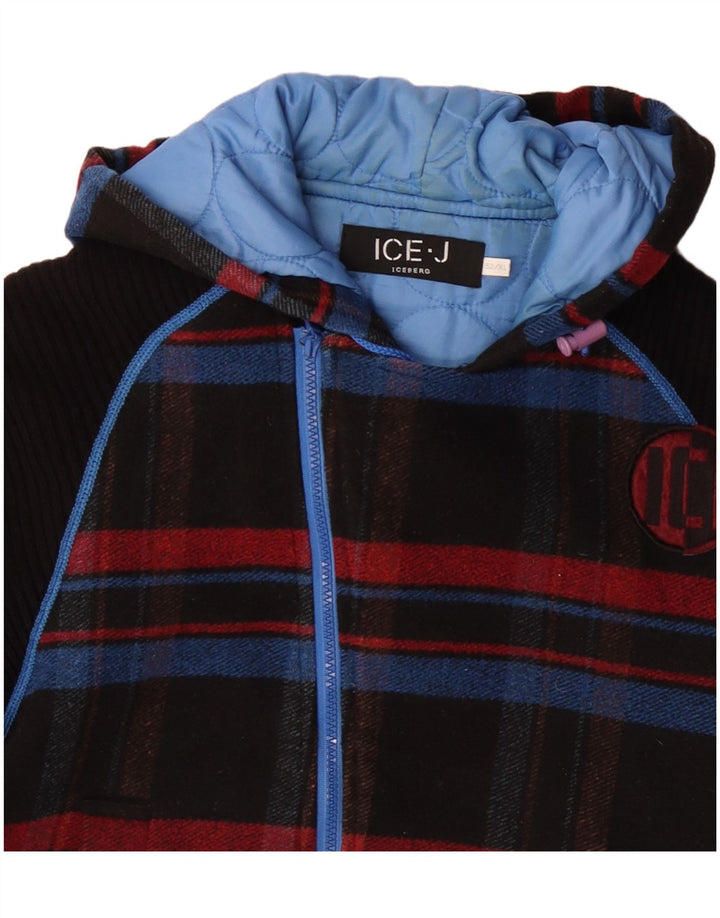 Iceberg Mens Hooded Bomber Jacket IT 52 XL Black Check Polyester