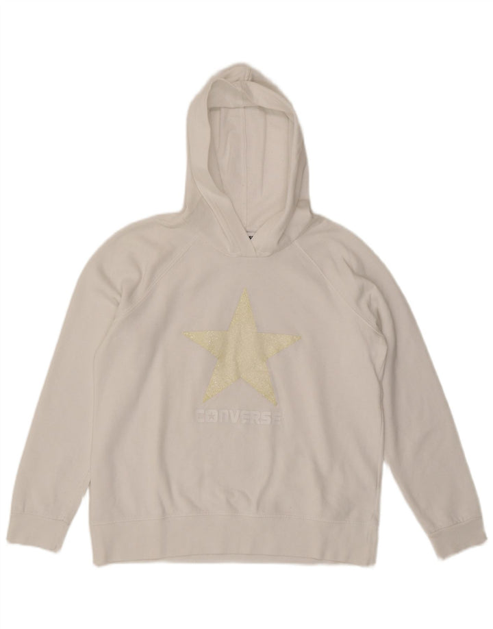 CONVERSE Womens Graphic Hoodie Jumper UK 14 Medium White Cotton