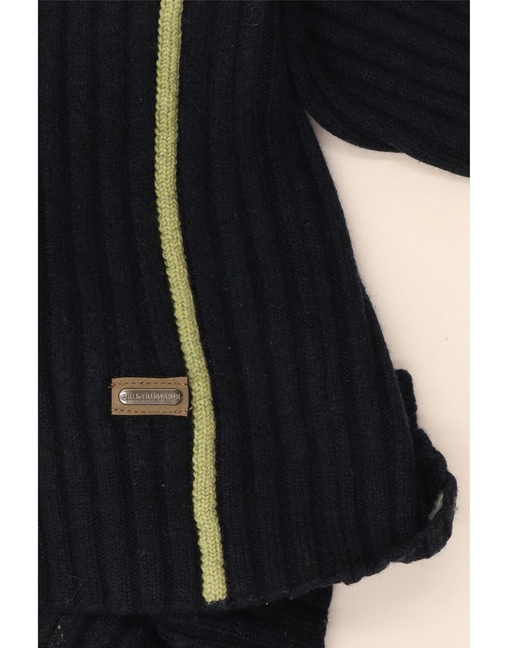 TRUSSARDI Womens Zip Neck Jumper Sweater UK 10 Small Navy Blue Wool Vintage Trussardi and Second-Hand Trussardi from Messina Hembry 