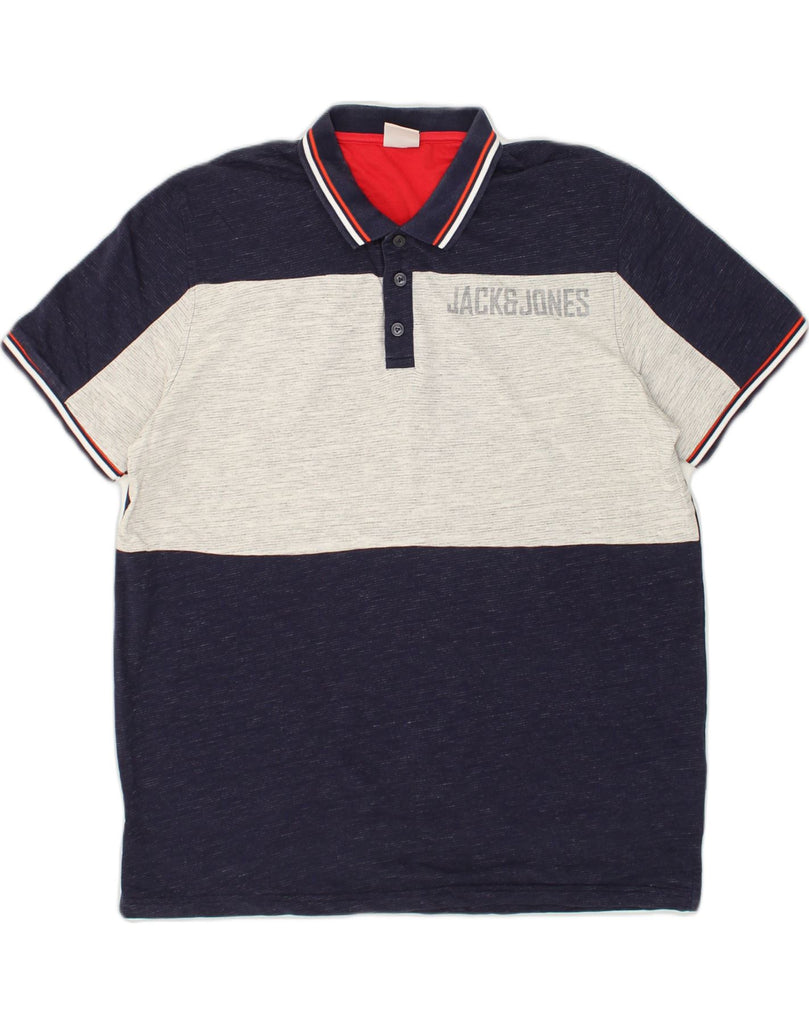 JACK & JONES Mens Polo Shirt 2XL Navy Blue Colourblock Cotton | Vintage Jack & Jones | Thrift | Second-Hand Jack & Jones | Used Clothing | Messina Hembry 