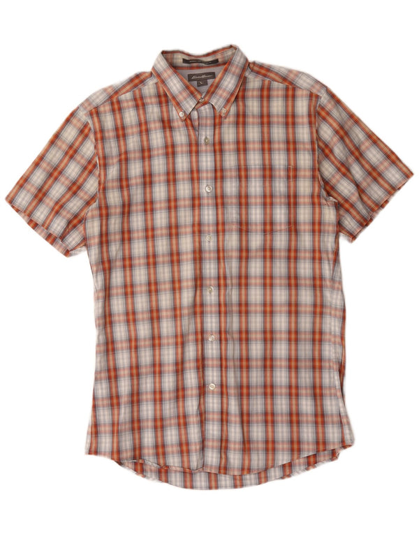 Eddie Bauer Mens Short Sleeve Classic Fit Shirt Small Orange Check Cotton